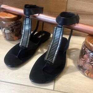 Women's Black Flat Sandals w/ Silver Beaded Ankle Strap Made In Italy Size 37